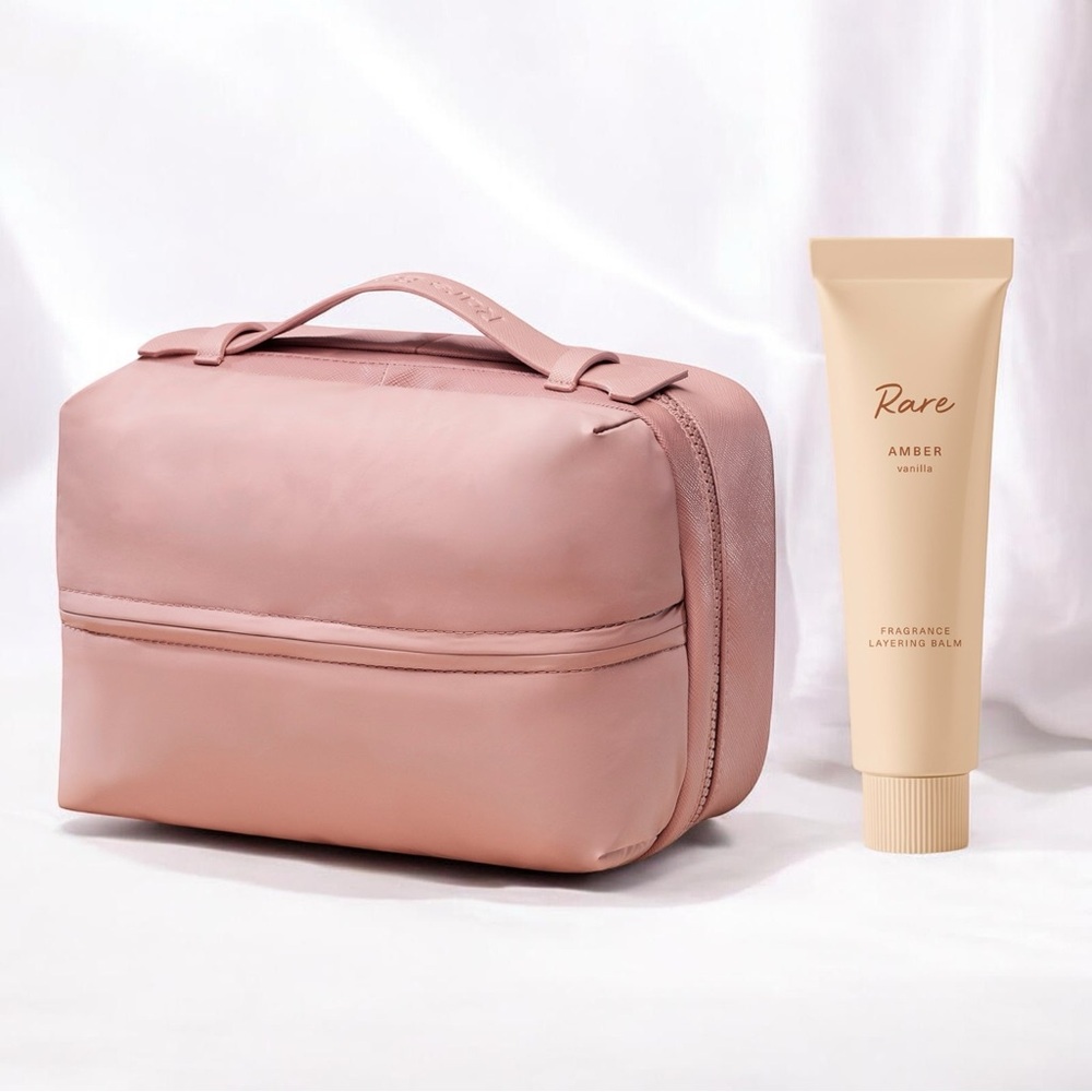 RARE BEAUTY Puffy Toiletry Bag Mauve + Rare Beauty Amber Vanilla Fragrance Balm
